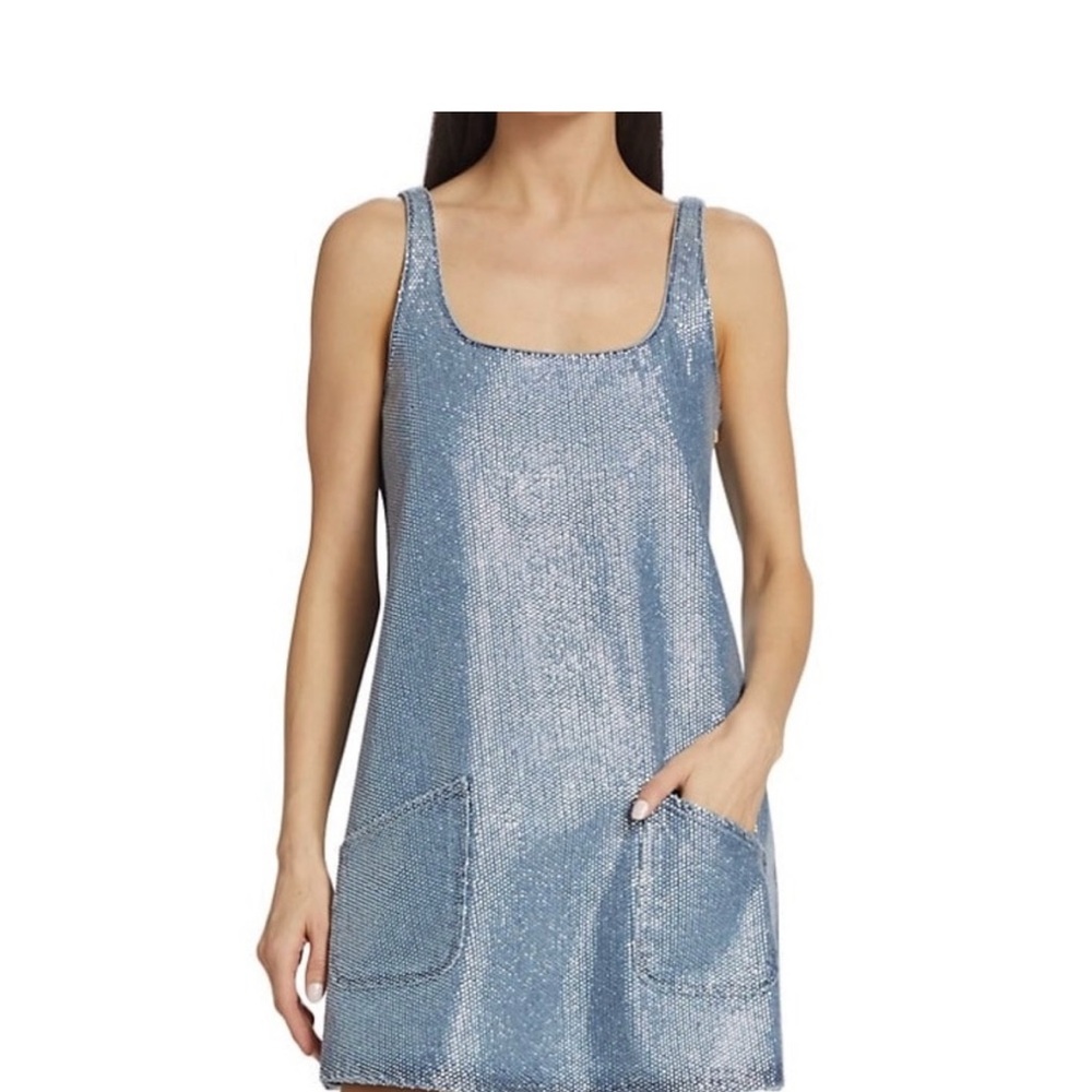 Triarchy Rhinestone Blue Mini denim dress with Square Neck and Sleeveless Design